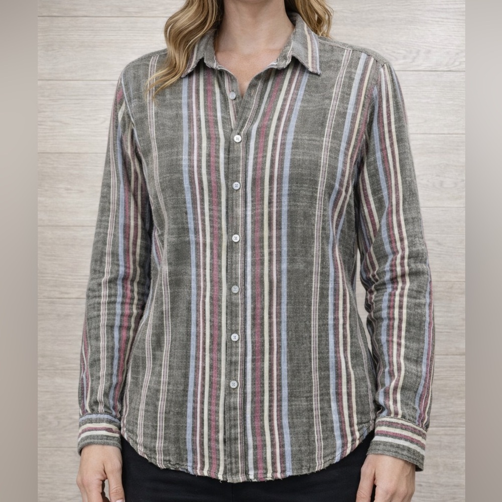 Xirena Stripe 100% Cotton Button Front Shirt Blouse Metallic